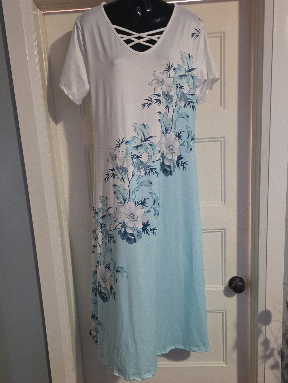 Women's White & Light Blue Floral Maxi Dress with Crisscross Neck